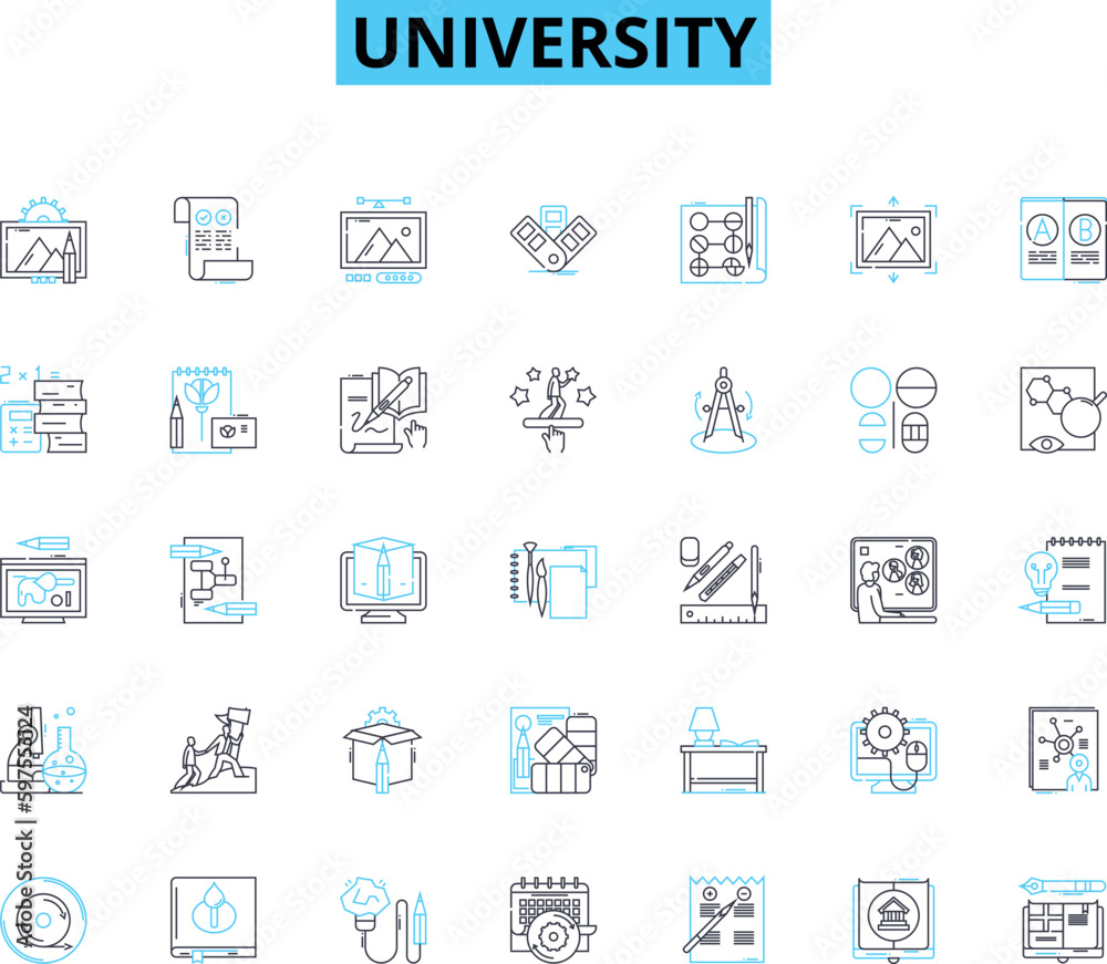 University linear icons set. Academics, Campus, Education, Student, Faculty, Research, Diversity line vector and concept signs. Community,Success,Graduation outline illustrations Generative AI
