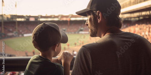 dad and son watching a game sports match on the stands of the stadium together. Generative AI 