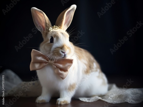 A rabbit wearing a bow and frilly dress, looking elegant and feminine