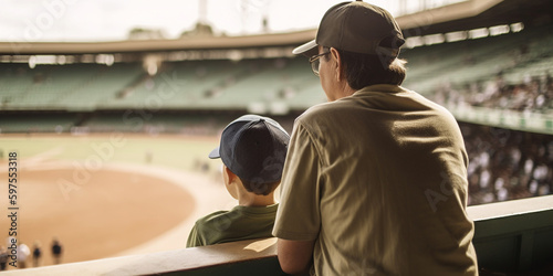 dad and son watching a game sports match on the stands of the stadium together. Generative AI 