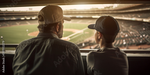 dad and son watching a game sports match on the stands of the stadium together. Generative AI 