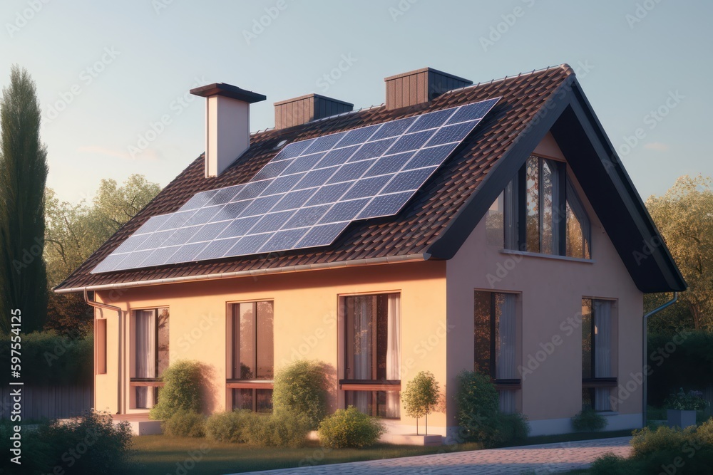 sustainable home with solar panels on roof, generative AI sustainable home with solar panels on roof, generative AI