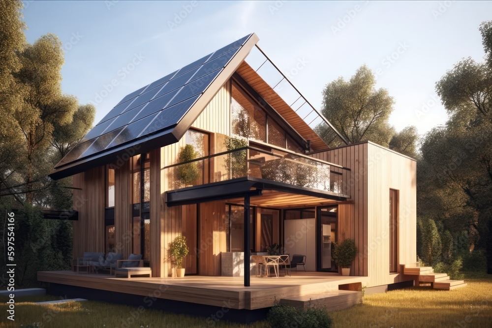 sustainable home with solar panels on roof, generative AI