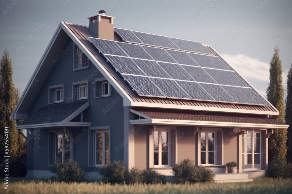 sustainable home with solar panels on roof, generative AI sustainable home with solar panels on roof, generative AI