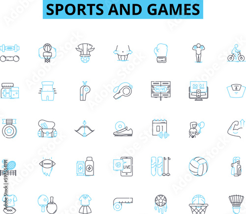 Sports and games linear icons set. Football, Basketball, Tennis, Hockey, Rugby, Soccer, Baseball line vector and concept signs. Volleyball,Golf,Swimming outline illustrations Generative AI