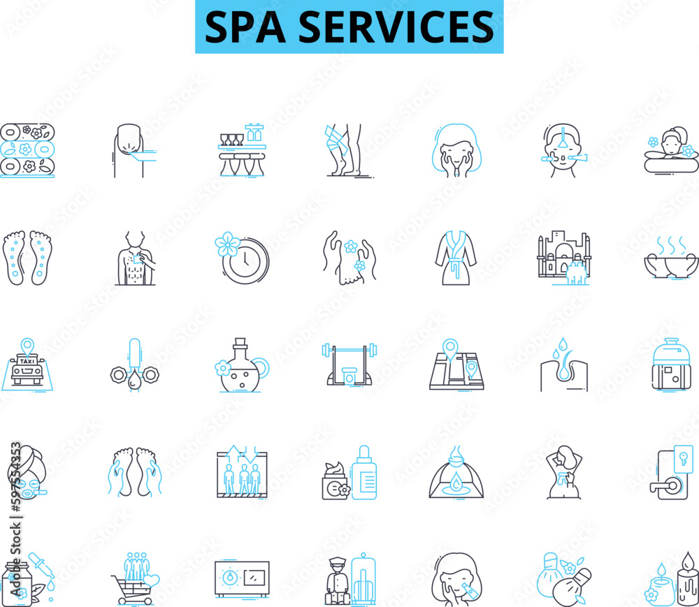Spa services linear icons set. Relaxation, Massage, Aromatherapy, Facials, Manicure, Pedicure, Hot st line vector and concept signs. Nails,Therapy,Reflexology outline illustrations Generative AI - obrazy, fototapety, plakaty 
