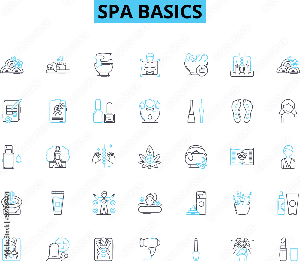 Spa basics linear icons set. Relaxation, Pampering, Massage, Soothing, Aromatherapy, Meditation, Skincare line vector and concept signs. Rejuvenation,Sauna,Wellness outline illustrations Generative AI