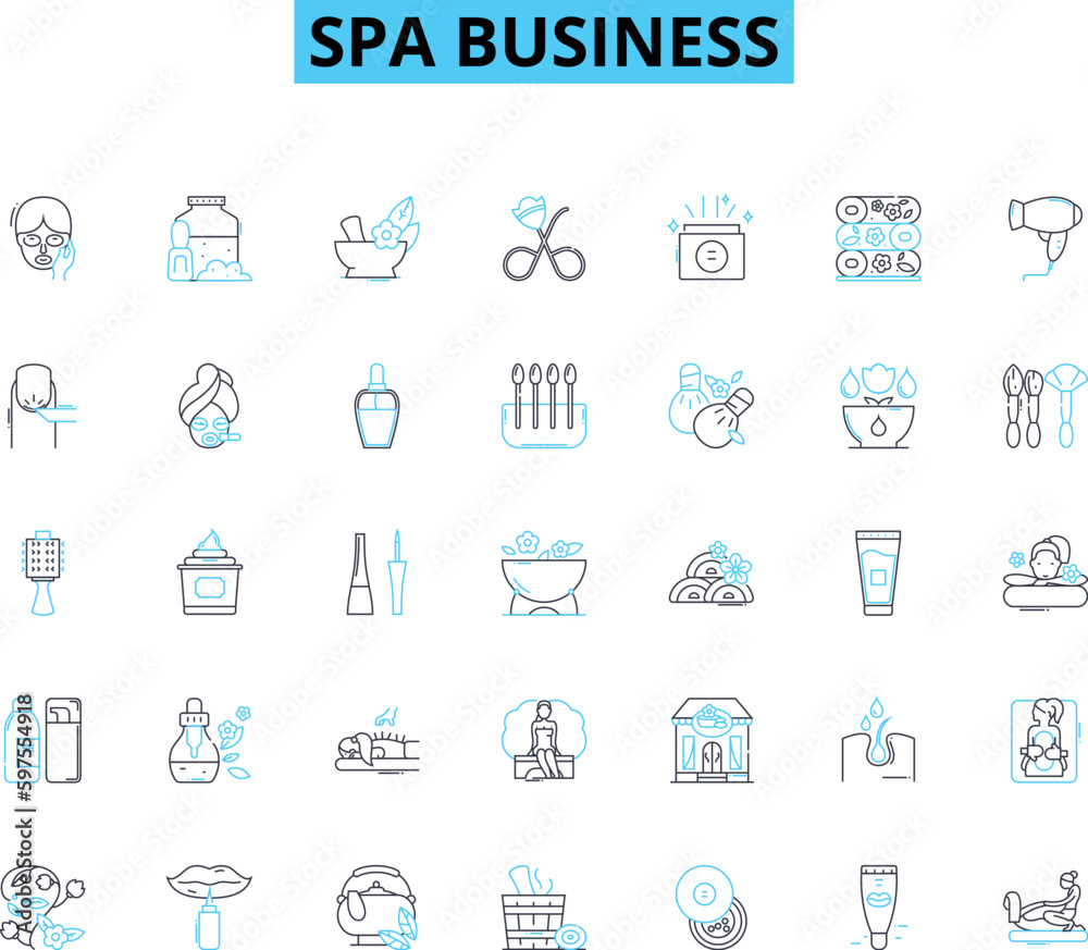 Spa business linear icons set. Relaxation, Pampering, Therapy, Serenity, Massage, Wellness, Aromatherapy line vector and concept signs. Renewal,Tranquility,Beauty outline illustrations Generative AI