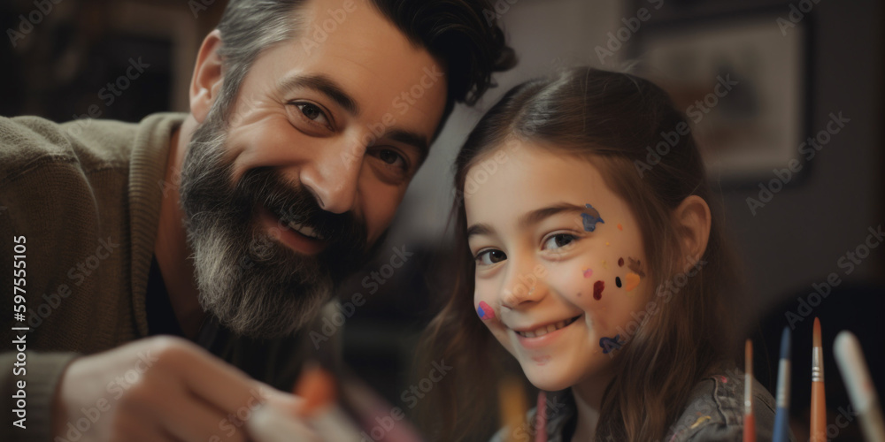 Father and daughter spend time together painting a picture. Generative AI	