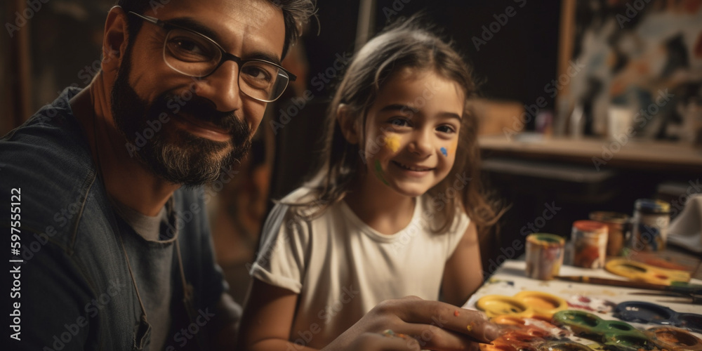 Father and daughter spend time together painting a picture Father and daughter spend time together painting a picture