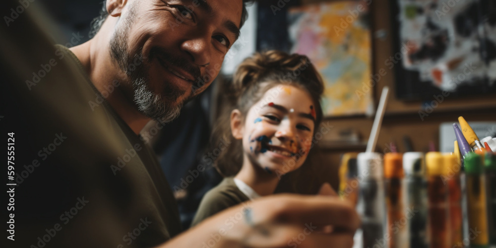 Father and daughter spend time together painting a picture. Generative AI	
