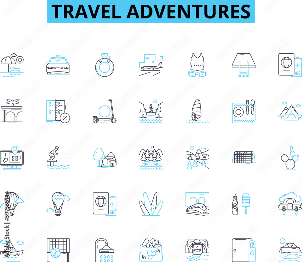 Travel adventures linear icons set. Exploration, Expedition, Journeys, Odyssey, Trekking, Voyages, Escapades line vector and concept signs. Wanderlust,Roaming,Expeditionary outline Generative AI Travel adventures linear icons set. Exploration, Expedition, Journeys, Odyssey, Trekking, Voyages, Escapades line vector and concept signs. Wanderlust,Roaming,Expeditionary outline Generative AI