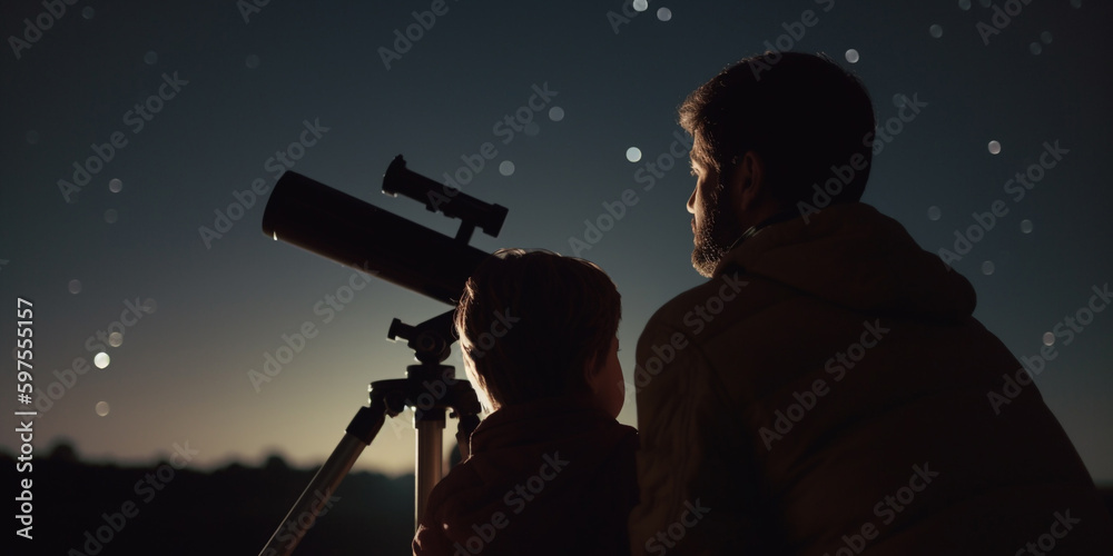 Father and son spend time together watching the stars through a telescope. Generative AI	