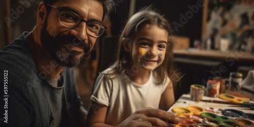 Father and daughter spend time together painting a picture