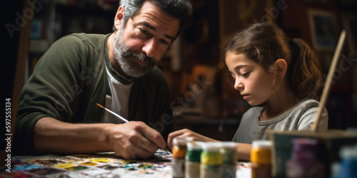 Father and daughter spend time together painting a picture. Generative AI 