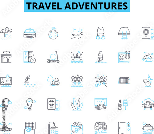 Travel adventures linear icons set. Exploration, Expedition, Journeys, Odyssey, Trekking, Voyages, Escapades line vector and concept signs. Wanderlust,Roaming,Expeditionary outline Generative AI