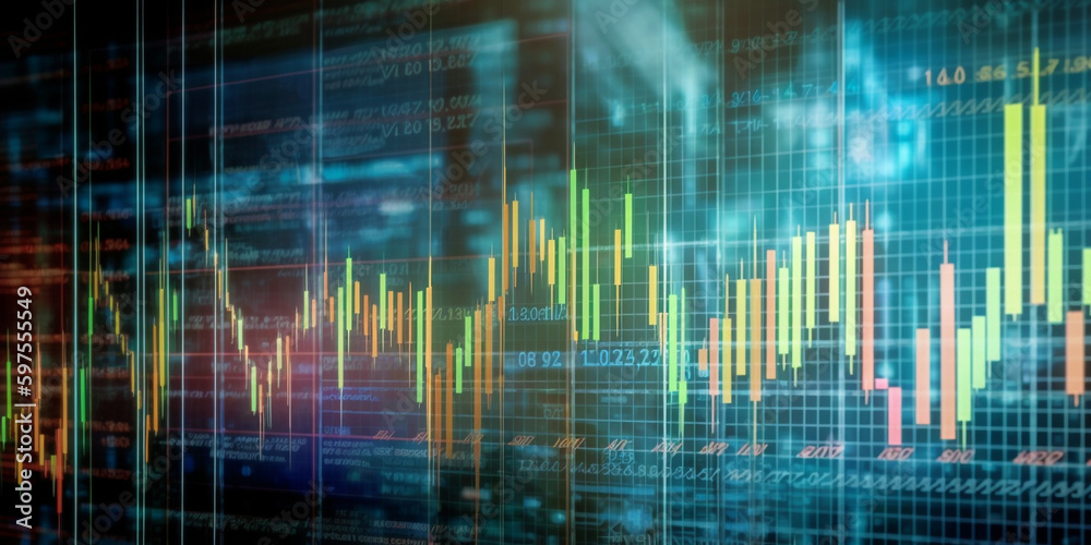 Multiple exposure of stock charts on display reflecting off glass. Generative AI Multiple exposure of stock charts on display reflecting off glass. Generative AI