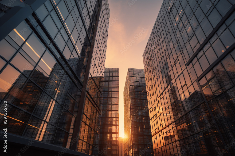 Sunset reflected off modern glass facades of skyscrapers in the financial center of the city. Generative AI Sunset reflected off modern glass facades of skyscrapers in the financial center of the city. Generative AI