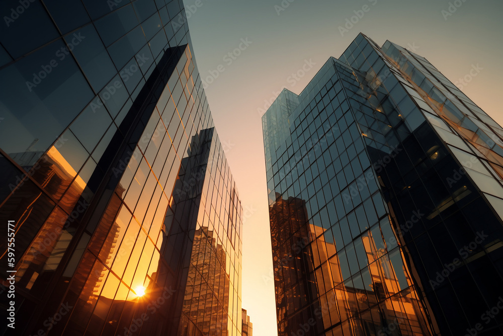 Sunset reflected off modern glass facades of skyscrapers in the financial center of the city. Generative AI
