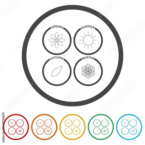 Four season logo. Set icons in color circle buttons