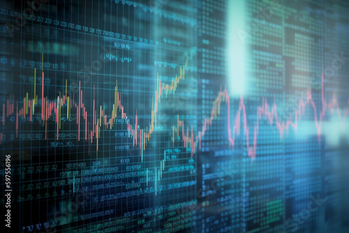 Multiple exposure of stock charts on display reflecting off glass. Generative AI 