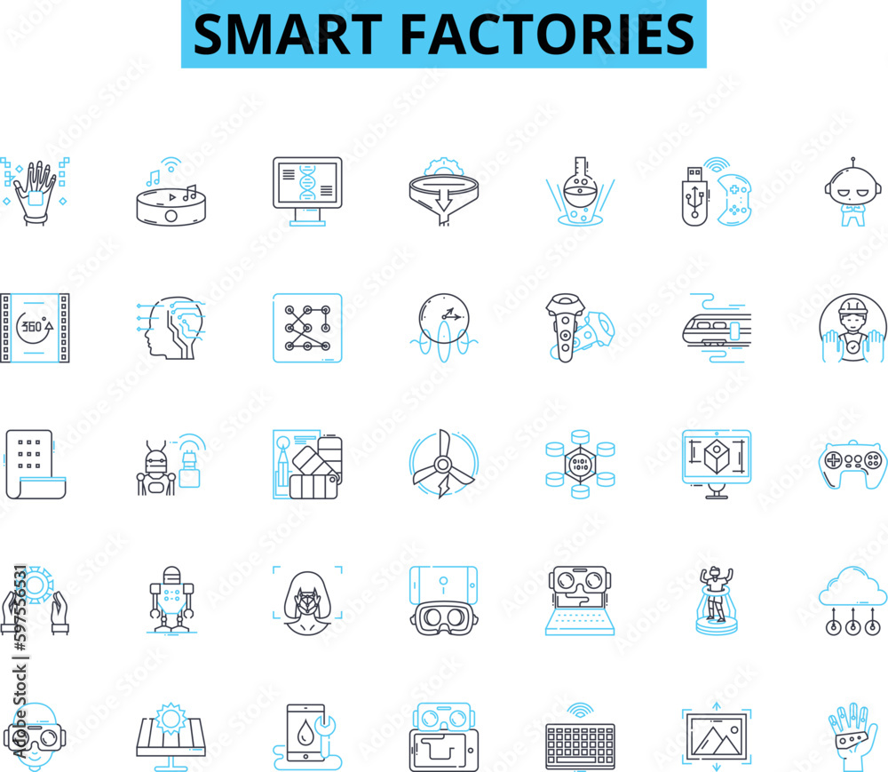 Smart factories linear icons set. Automation, Robotics, Efficiency, Innovation, Integration, Digitization, Optimization line vector and concept signs. Generative AI