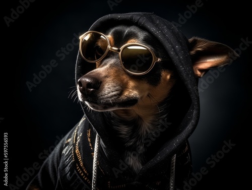 A small dog dressed in a hoodie and sunglasses, looking like a hip hop artist © Suplim