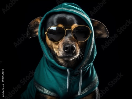 A small dog dressed in a hoodie and sunglasses, looking like a hip hop artist © Suplim