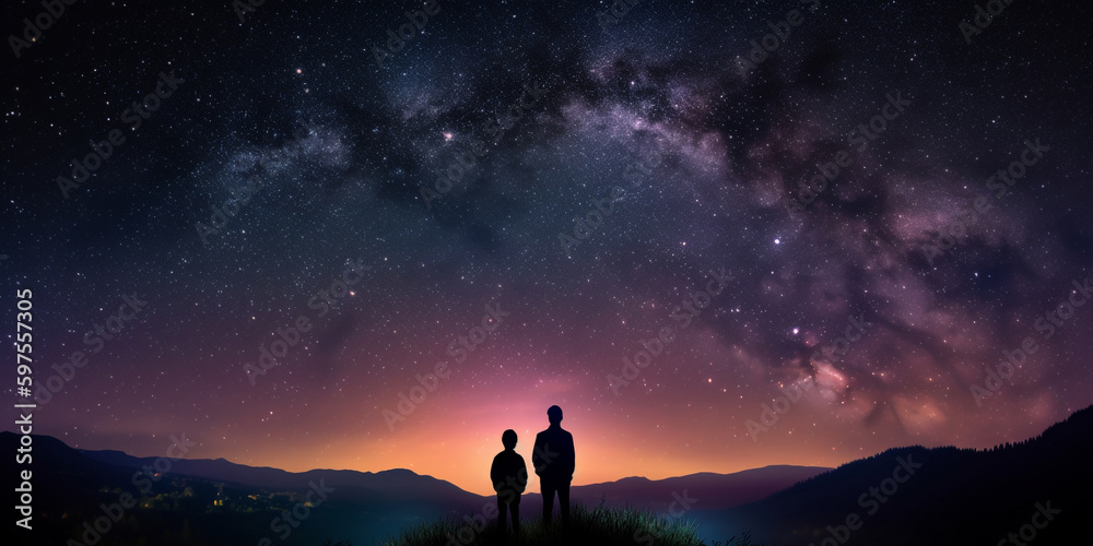 Fototapeta premium Silhouettes of father and son standing on a hill against a clear starry sky and a milky way. Generative AI