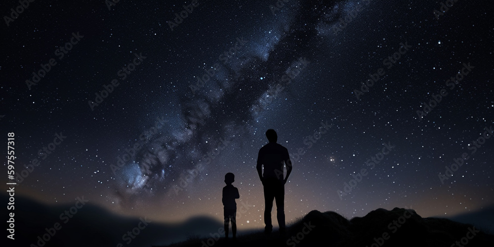 Silhouettes of father and son standing on a hill against a clear starry sky and a milky way. Generative AI	