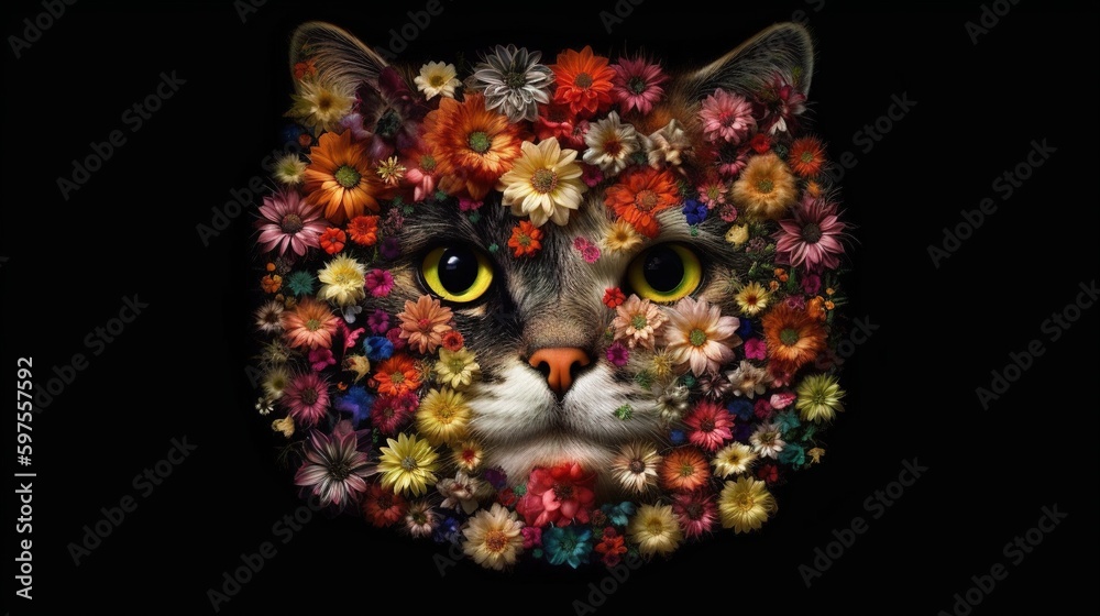A cat with flowers on it on black background, generative AI