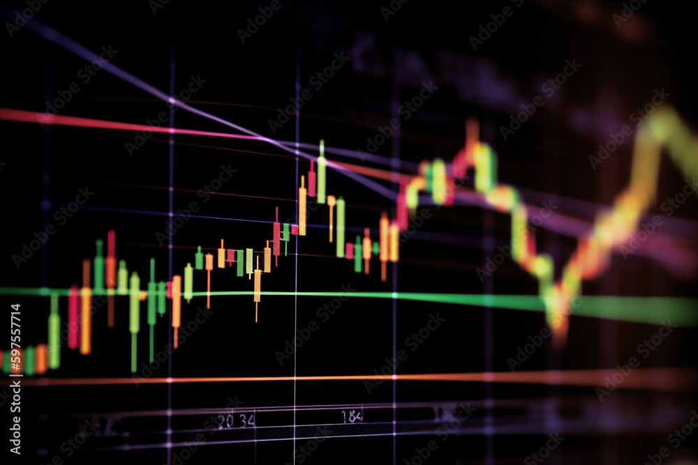Close-up of stock charts on a display on a dark background. Generative AI Close-up of stock charts on a display on a dark background. Generative AI