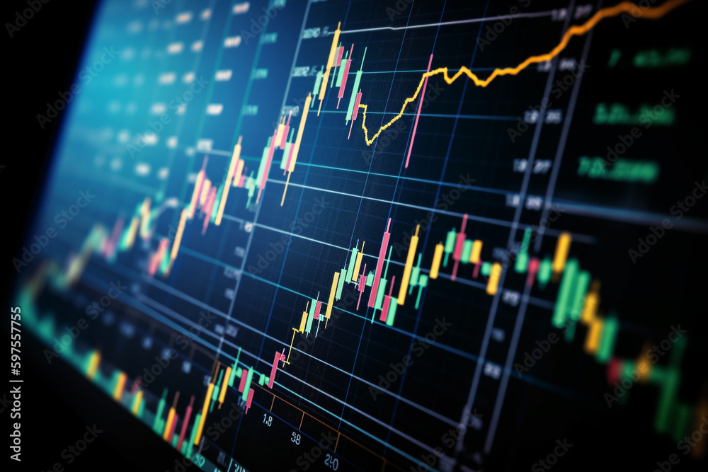 Close-up of stock charts on a display on a dark background. Generative AI	