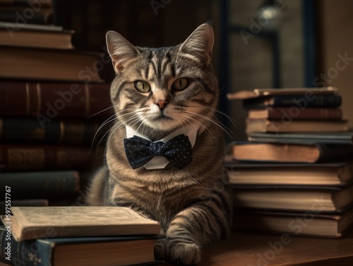 A cat wearing a bow tie, looking scholarly and sophisticated.