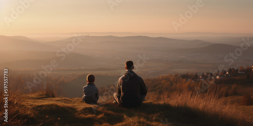 Father and son silhouettes standing on a hill at sunset. Generative AI  © xartproduction