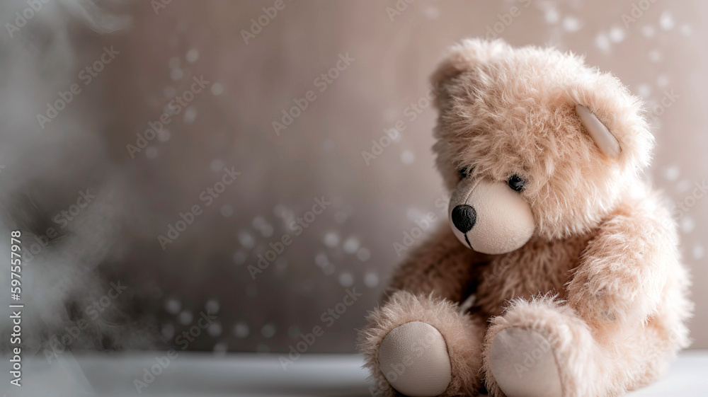 Soft and plushy teddy bear on soft ethereal background.