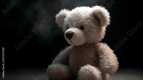 Soft and plushy teddy bear on soft ethereal background.