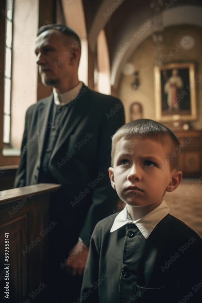 Concept of child indoctrination in church: old priest and underage boy