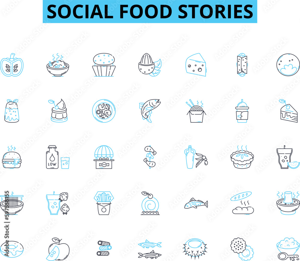 Social food stories linear icons set. Foodies, Culinary, Recipes, Ingredients, Cooking, Blogging, Sharing line vector and concept signs. Community,Eatery,Reviews outline illustrations Generative AI
