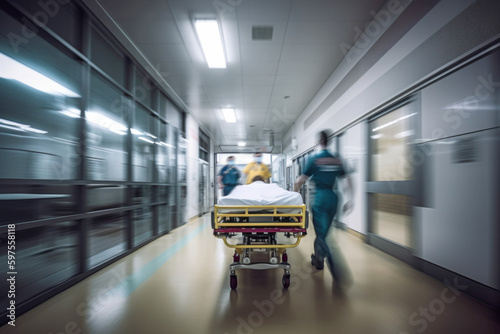 A patient in a hospital bed is rolled down a hospital hallway as health care professionals stand ready to accept the patient. A motion blur blurs the faces.  Generative AI photo