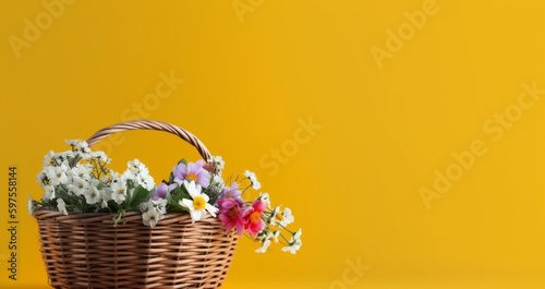 wicker basket with flowers on a bright colored background. Generative AI  © xartproduction