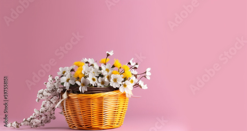 wicker basket with flowers on a bright colored background. Generative AI  © xartproduction