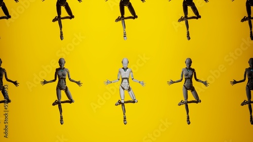 3d illustration of robot artificial intelligence with open hands and look to the camera with yellow background and others humanoids arround