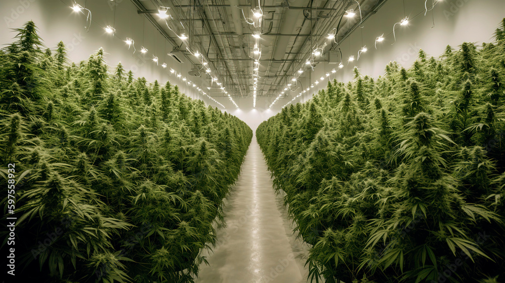 Professional long and wide indoor hemp plantation in a modern, industrial large hall. - obrazy, fototapety, plakaty 