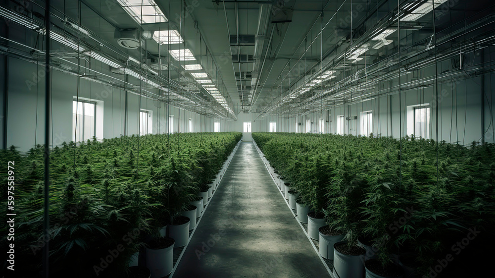 Professional long and wide indoor hemp plantation in a modern, industrial large hall. Professional long and wide indoor hemp plantation in a modern, industrial large hall.
