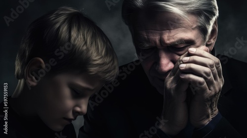 Concept of child abuse in church: sad boy and priest