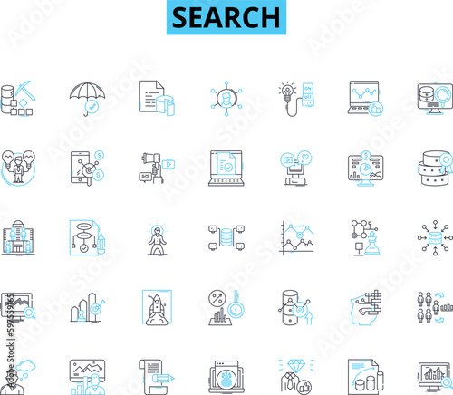Search linear icons set. Query, Explore, Lookout, Hunt, Probe, Investigate, Scrutinize line vector and concept signs. Analyze,Dig,Browse outline illustrations Generative AI