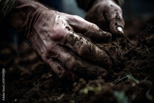Male hands soiled with topsoil as it digs up the soil in the garden.