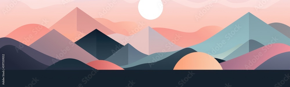 Geometric Polygonal Landscape with Beach and Mountains - Wallpaper with Pastel Colors Gradient - Generative AI