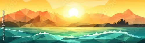 Geometric Polygonal Landscape with Beach and Mountains - Wallpaper for Desktop and Mobile - Generative AI © Alex